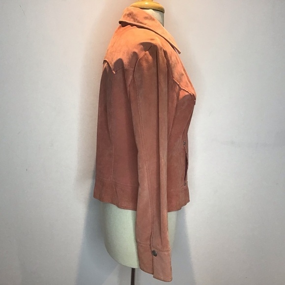 Vintage Y2K apricot suede moto style angled zipper lined scallop edge jacket L - Picture 6 of 14